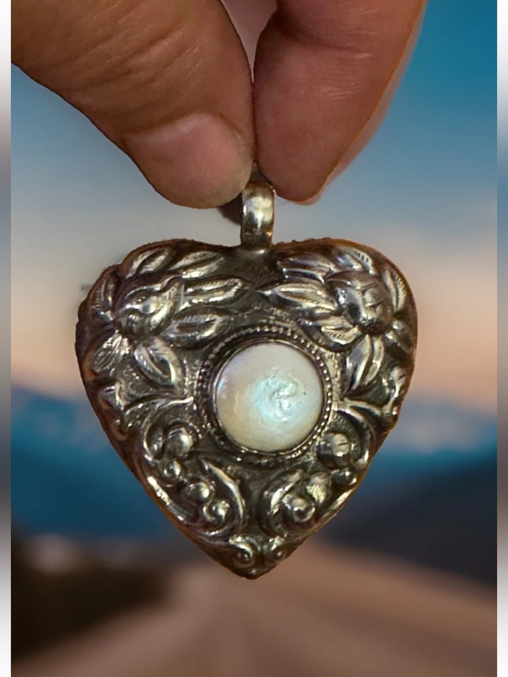 Handcrafted Heart Shape Pearl Pendant With Floral Carving Set In Silver 2”in,25g